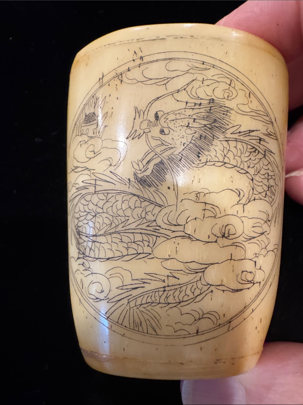 Vintage Chinese Carved Bone Scrimshaw-Style Snuff Bottle w/ Dragon/Phoenix AS-IS